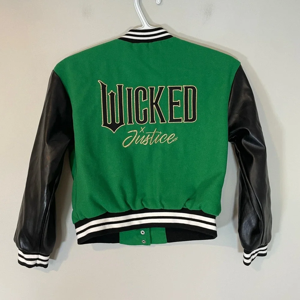 Justice x Wicked Green Black Varsity Letterman Jacket Kids Size S 7/8 Bomber